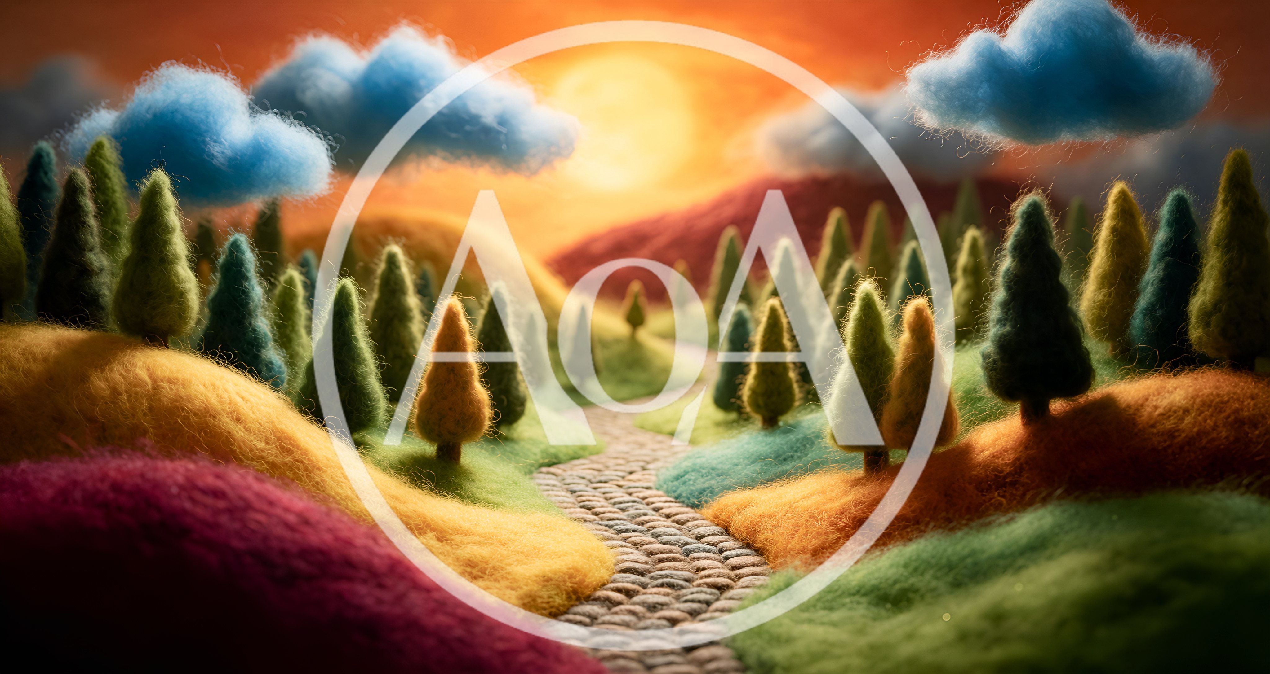 Whimsical Felted Landscape With Cobblestone Path At Sunset