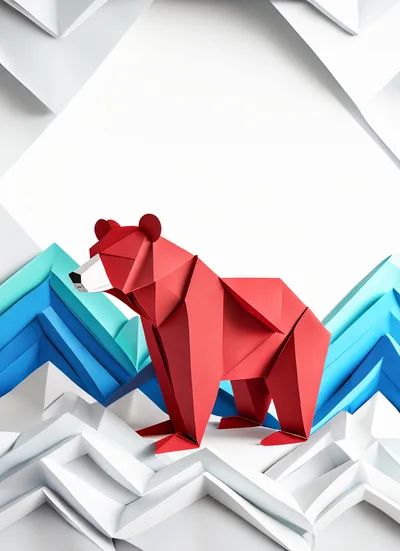Origami Red Bear Standing In Paper Mountains