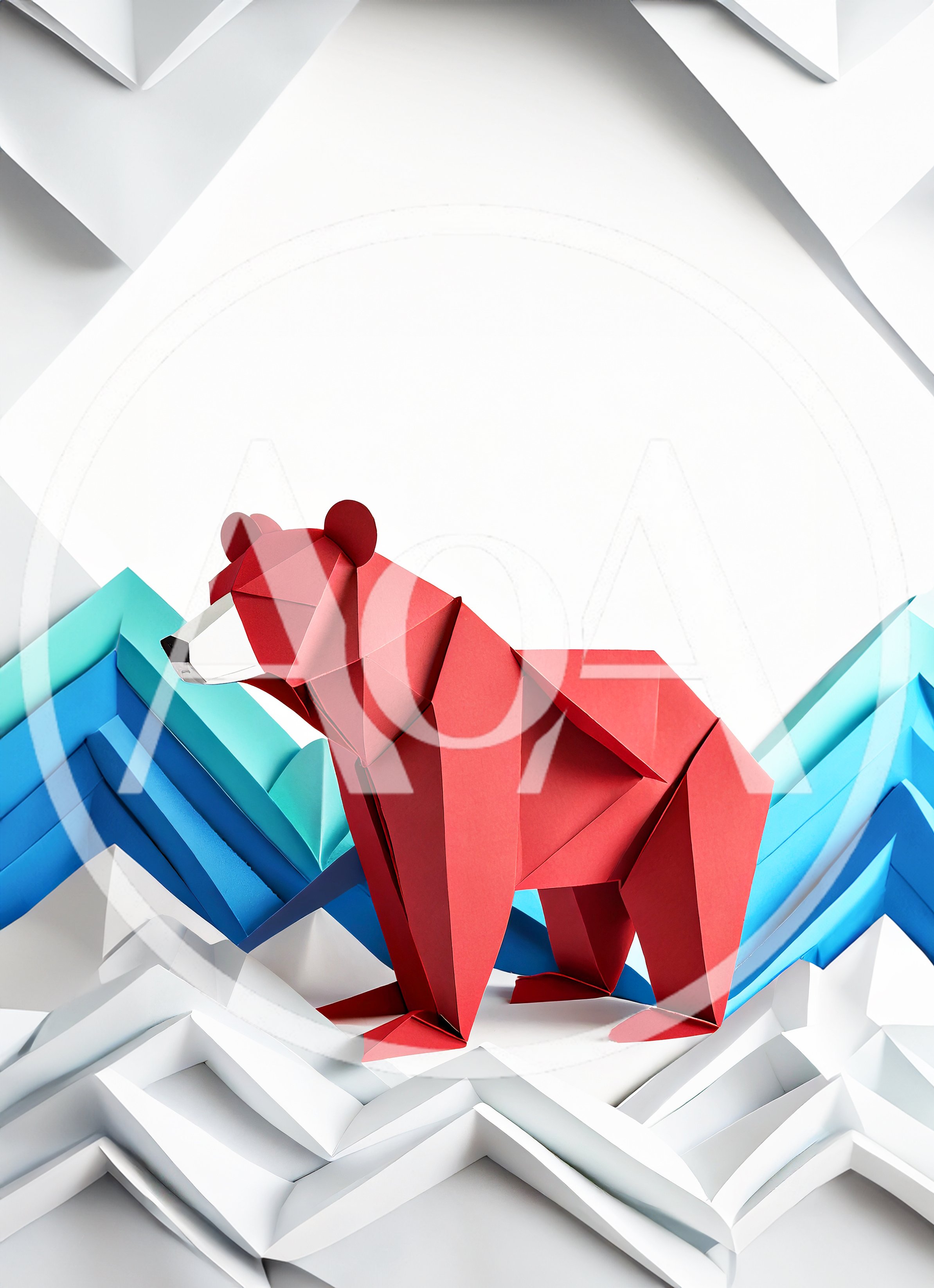 Origami Red Bear Standing In Paper Mountains