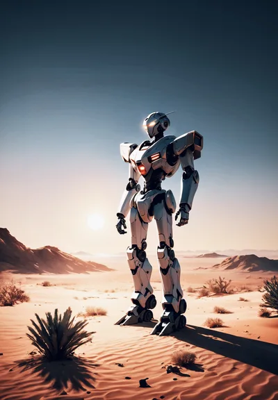 Futuristic White Mecha Robot Standing In Desert Landscape