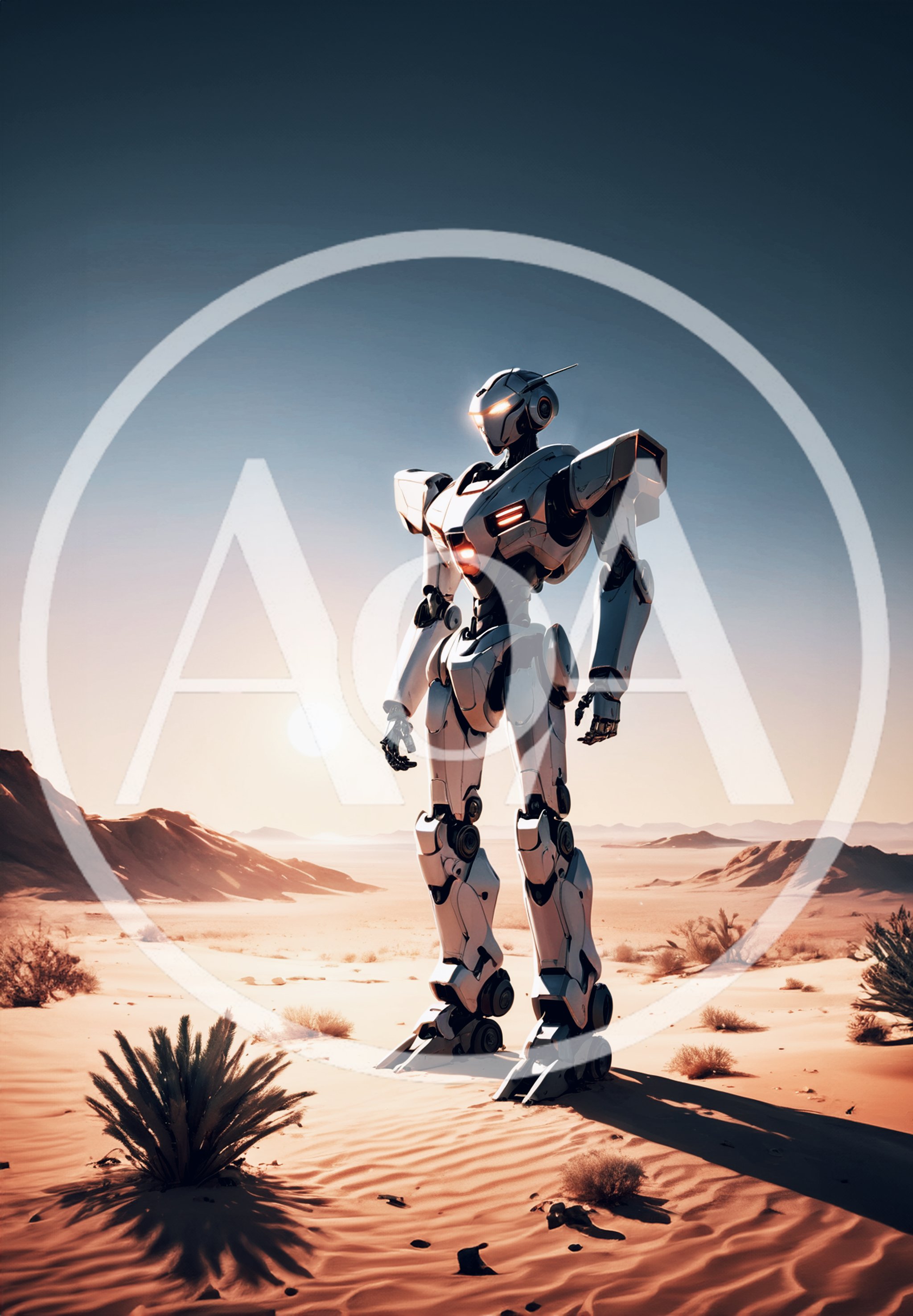 Futuristic White Mecha Robot Standing In Desert Landscape