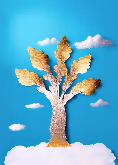 Surreal Golden Tree Against A Bright Blue Sky