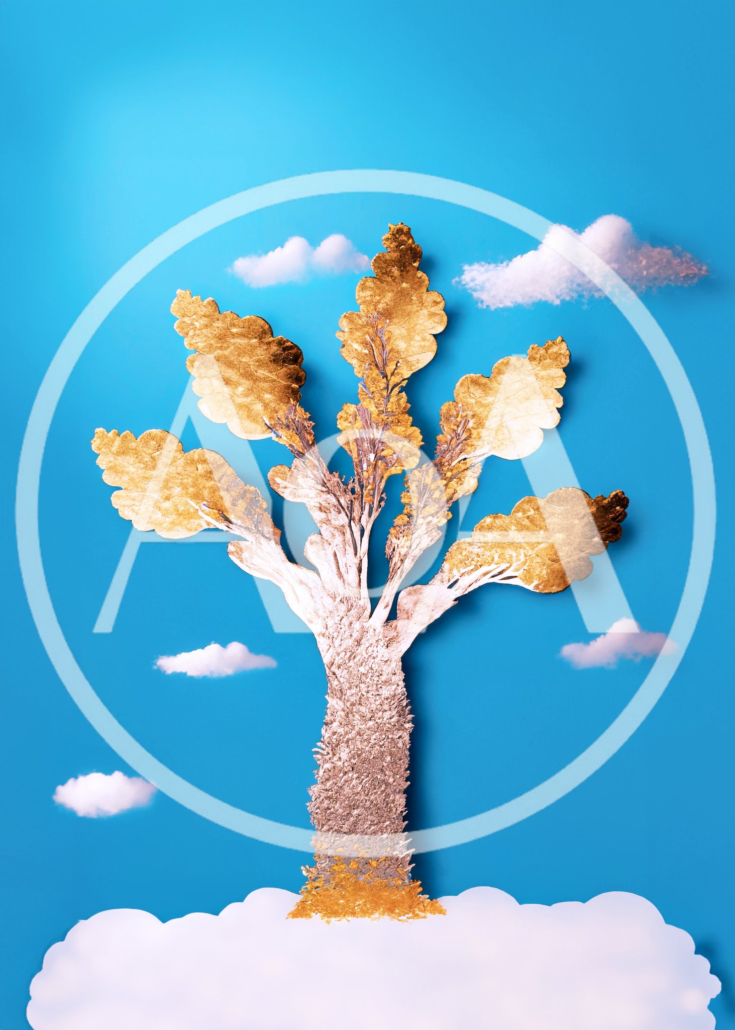 Surreal Golden Tree Against A Bright Blue Sky