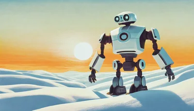 Futuristic Robot Standing In A Snowy Desert Landscape