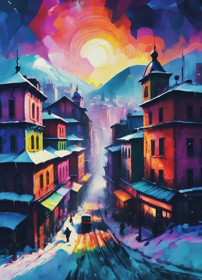 Vibrant Impressionist Cityscape Street Scene In Winter
