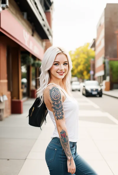 Young Woman With Tattoos Walking Down City Street