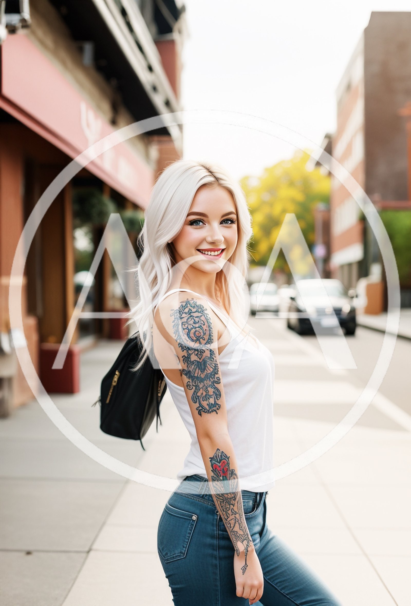 Young Woman With Tattoos Walking Down City Street
