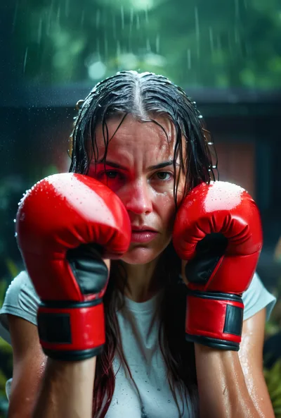 Determined Female Boxer Training In The Rain
