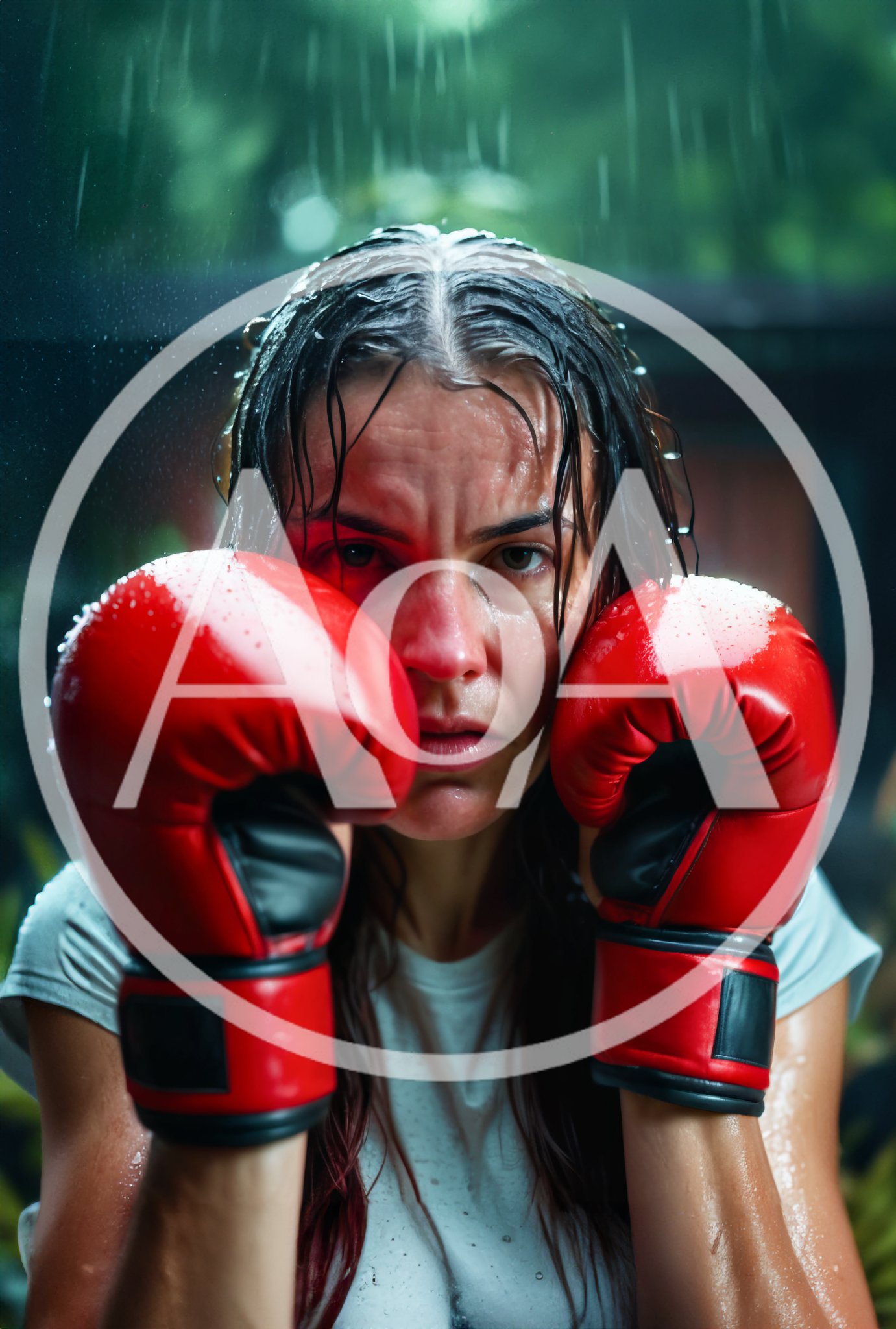 Determined Female Boxer Training In The Rain
