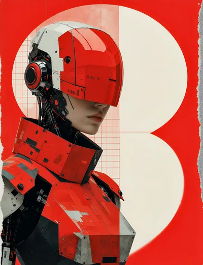 Futuristic Cyborg Portrait With Red And White Armor