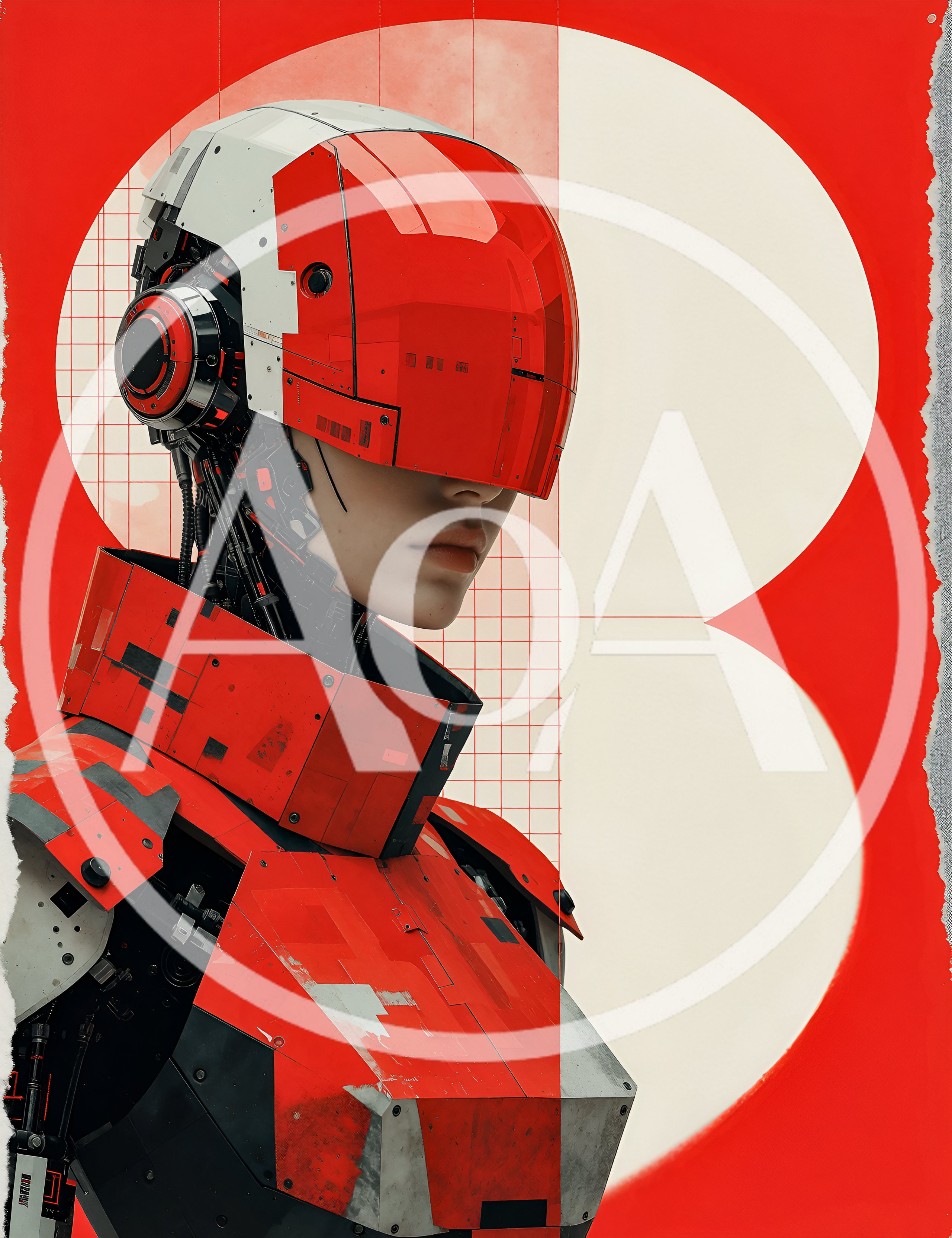 Futuristic Cyborg Portrait With Red And White Armor