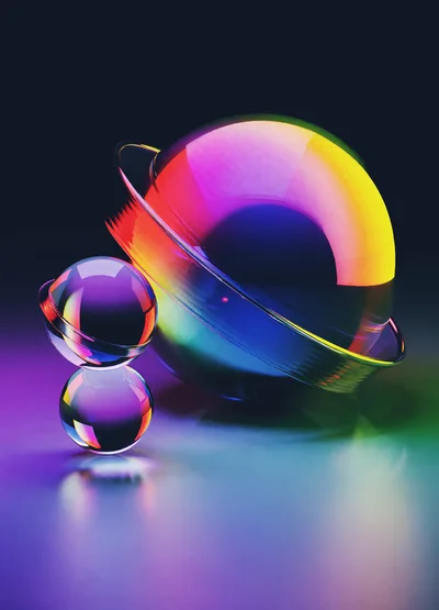 Abstract Glass Spheres With Rings On Reflective Surface