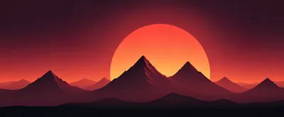 Minimalist Mountain Landscape With Large Setting Sun
