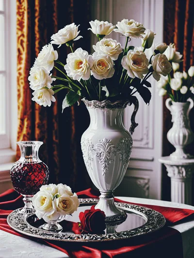 Elegant White Rose Bouquet In Ornate Porcelain Vase