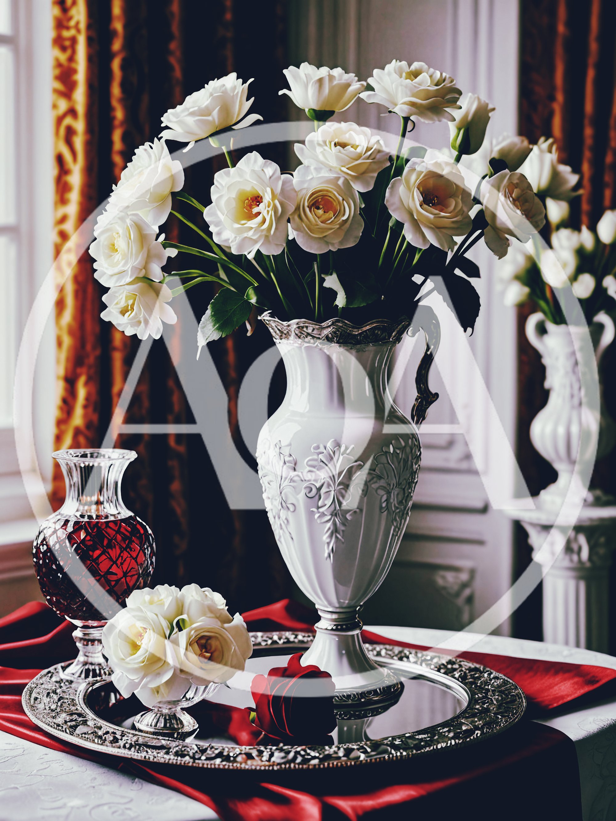 Elegant White Rose Bouquet In Ornate Porcelain Vase