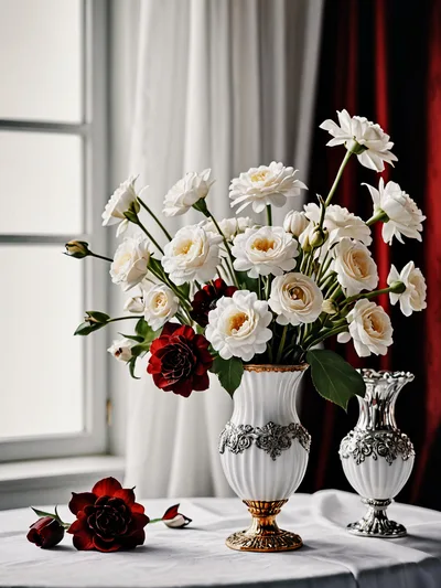 Elegant White Rose Bouquet In Ornate Vases