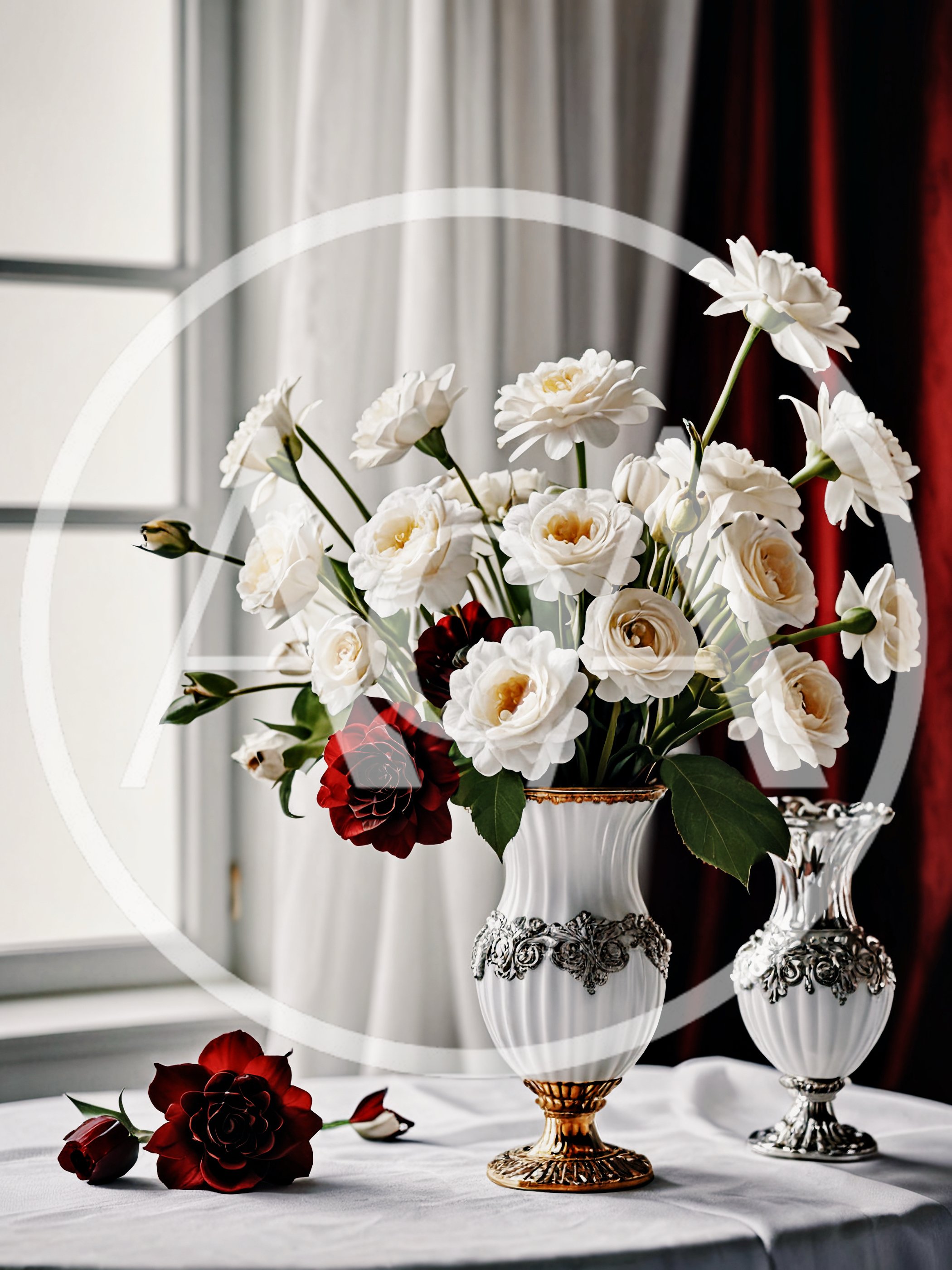 Elegant White Rose Bouquet In Ornate Vases