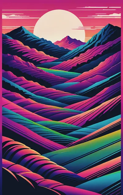 Synthwave Style Abstract Mountain Landscape Illustration