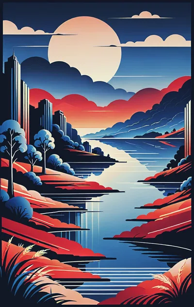 Stylized Digital Illustration Of A Surreal River Landscape