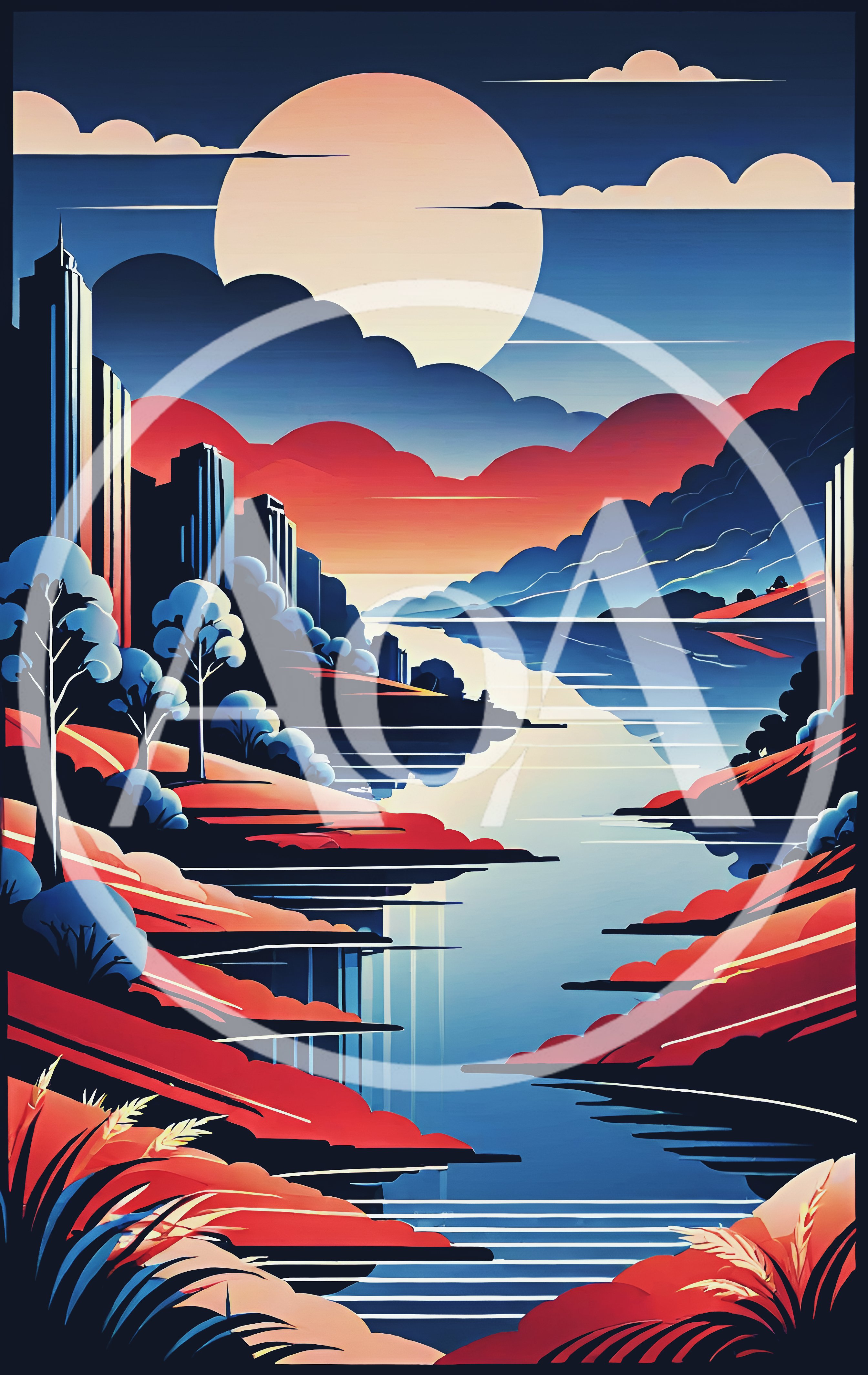 Stylized Digital Illustration Of A Surreal River Landscape