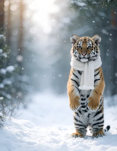 Cute Tiger Cub Wearing A Scarf In Snowy Forest