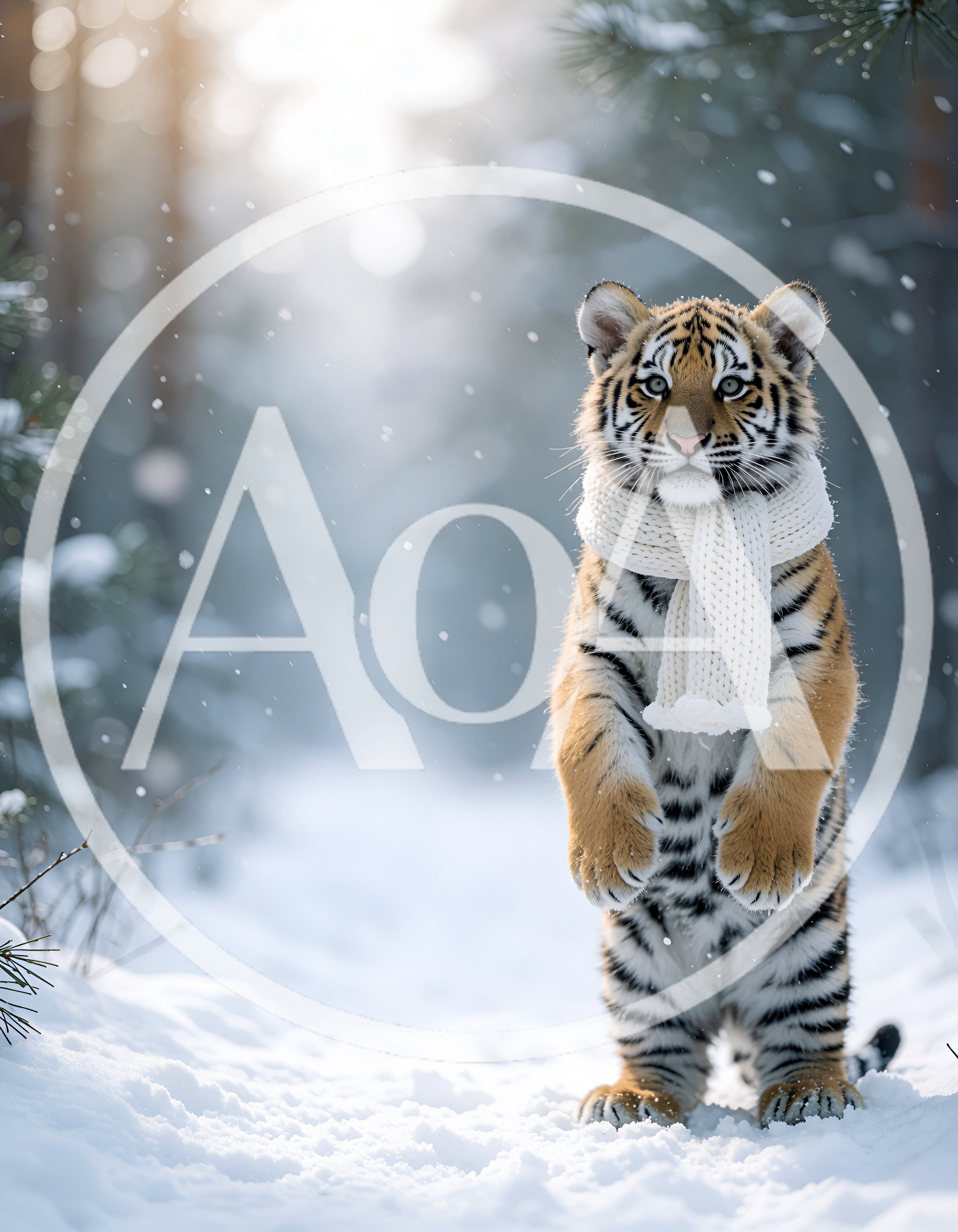 Cute Tiger Cub Wearing A Scarf In Snowy Forest