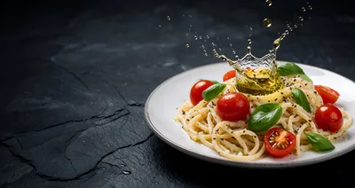 Spaghetti Pasta With Cherry Tomatoes And Olive Oil Splash