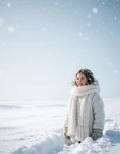 Happy Little Girl Playing In Snowy Winter Landscape