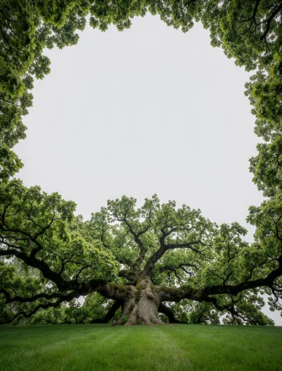 Majestic Ancient Oak Tree In A Grassy Field
