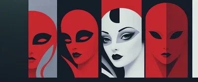 Stylized Portraits Of Four Mysterious Women In Red