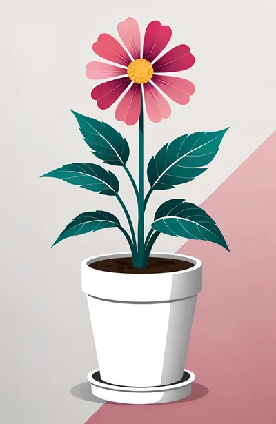 Potted Pink Flower With Green Leaves In Minimalist Style