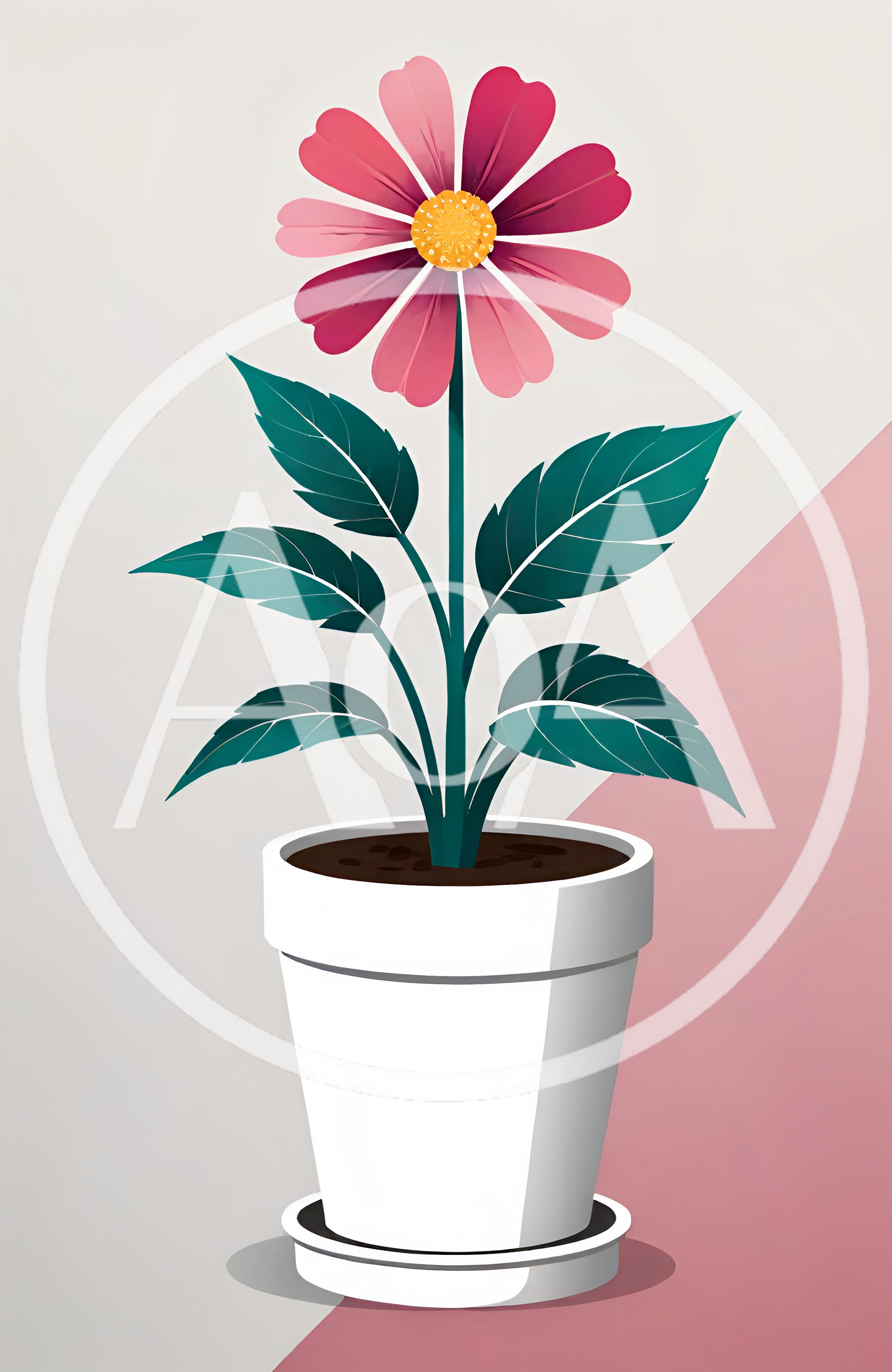 Potted Pink Flower With Green Leaves In Minimalist Style