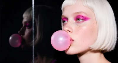 Young Woman With Blonde Bob Blowing Pink Bubblegum