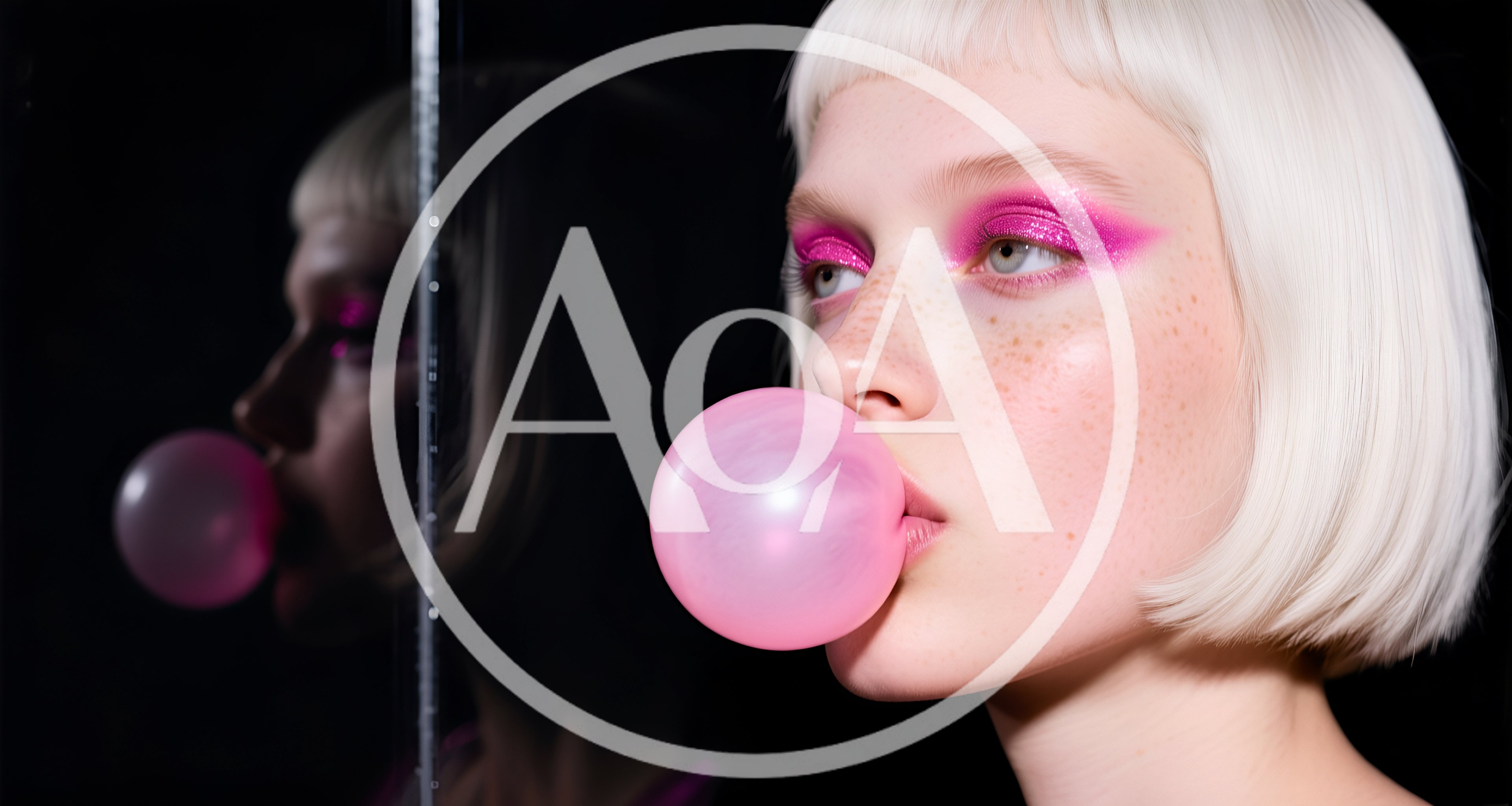 Young Woman With Blonde Bob Blowing Pink Bubblegum