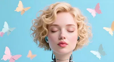 Android Woman With Blonde Hair And Butterflies