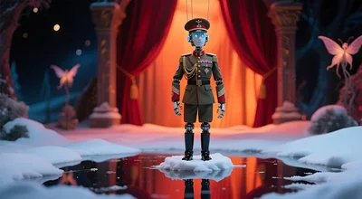Robot Marionette Soldier Standing On Snowy Ice