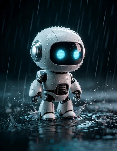 Small White Robot Standing In The Rain
