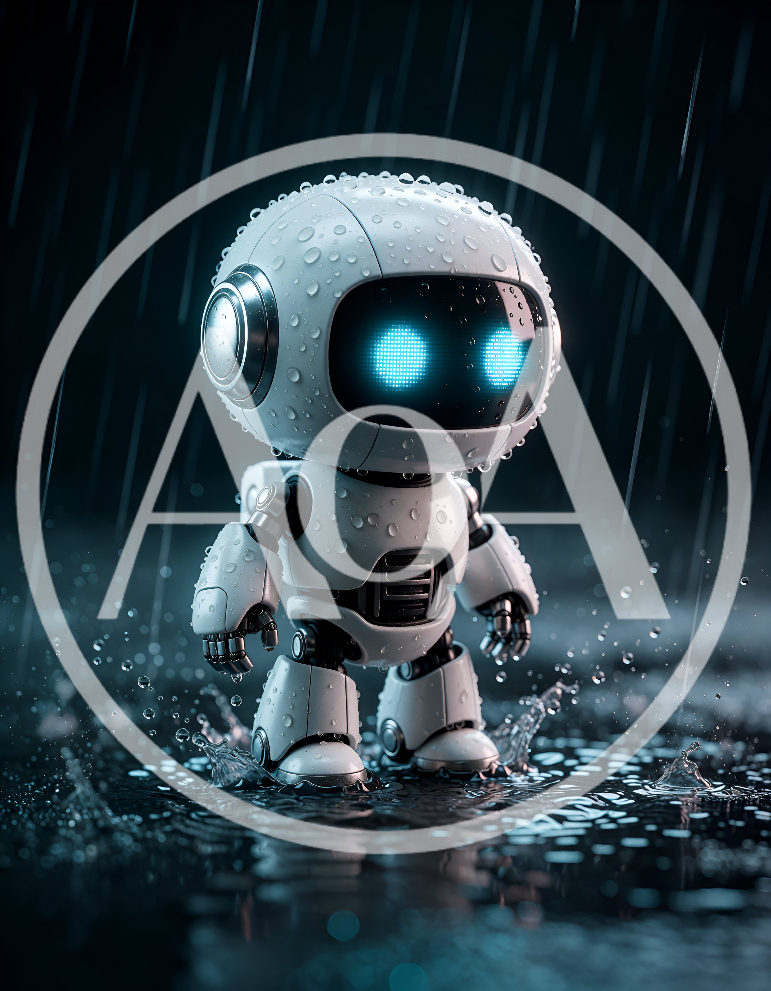 Small White Robot Standing In The Rain