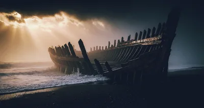 Old Wooden Shipwreck On A Dark Misty Beach