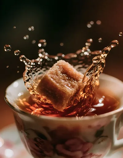 Sugar Cube Dropping Into A Cup Of Tea