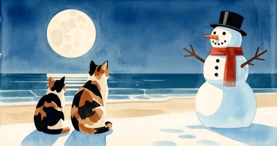 Two Calico Cats Watching A Snowman On The Beach