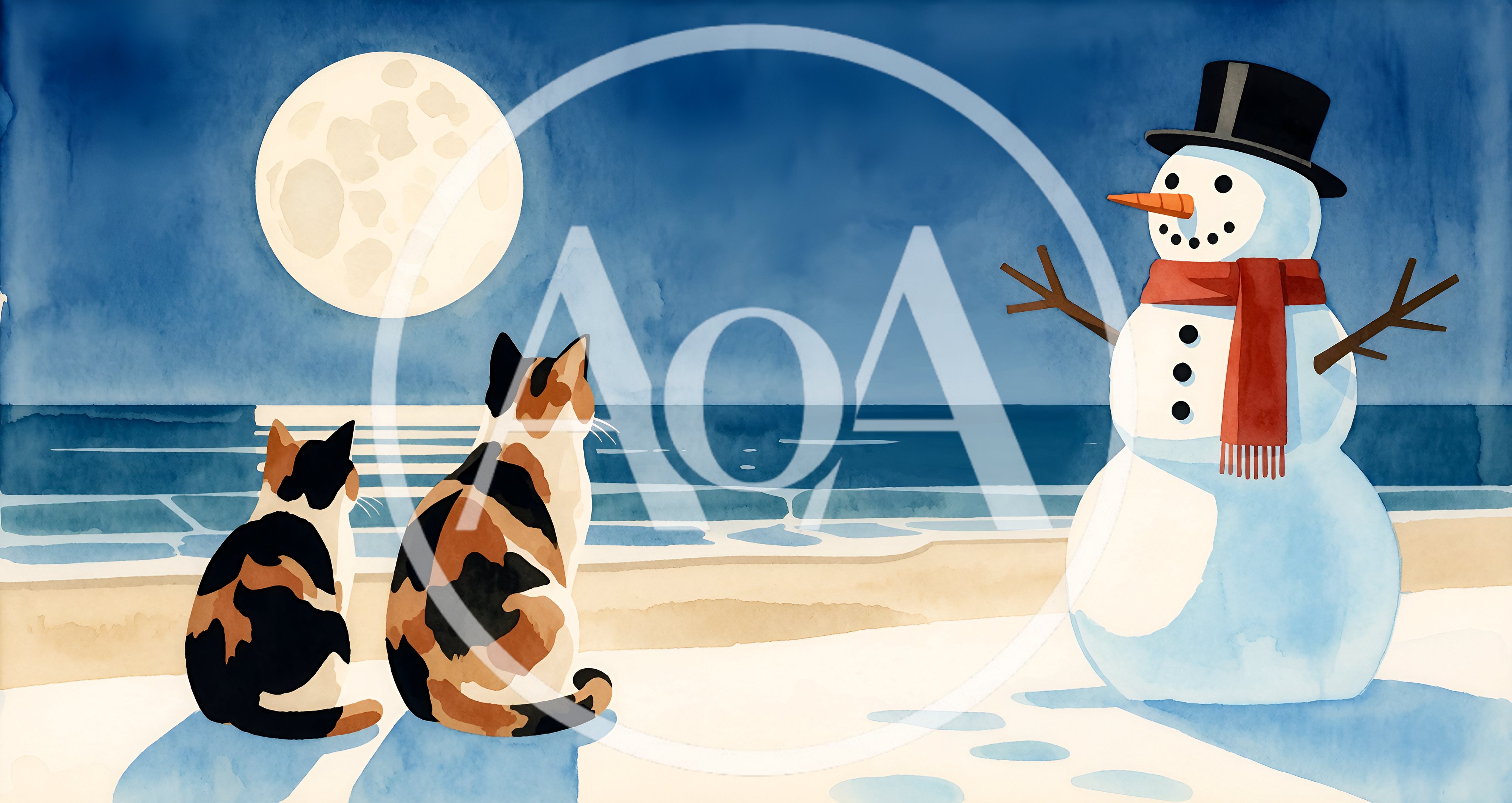 Two Calico Cats Watching A Snowman On The Beach