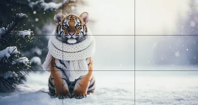 Cute Tiger Cub Wearing A Knitted Scarf In Snow