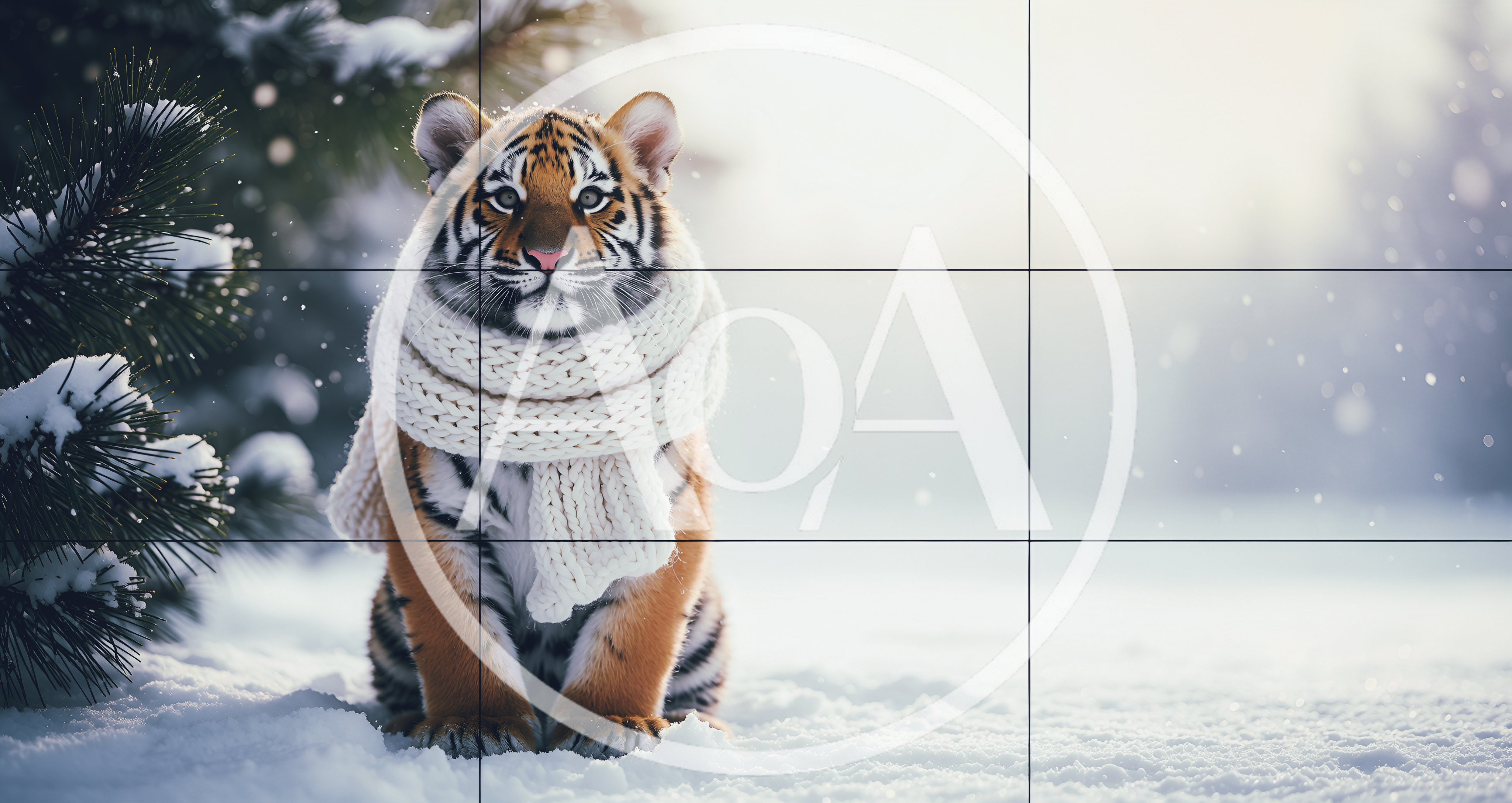 Cute Tiger Cub Wearing A Knitted Scarf In Snow