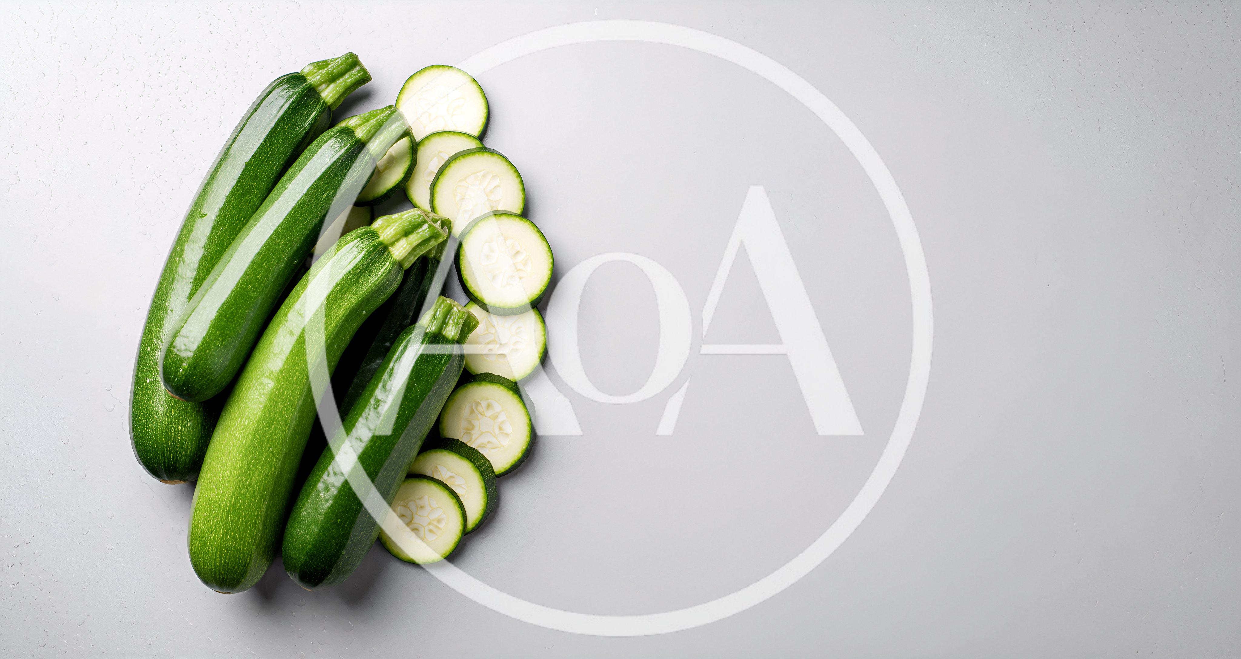 Fresh Green Zucchini Squash and Slices on Grey Background
