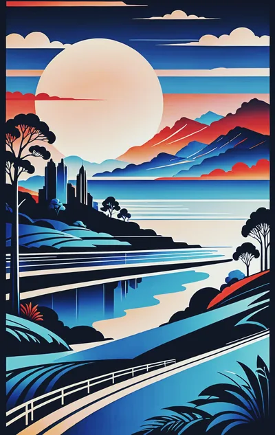 Stylized Digital Landscape Illustration With Mountains And Cityscape