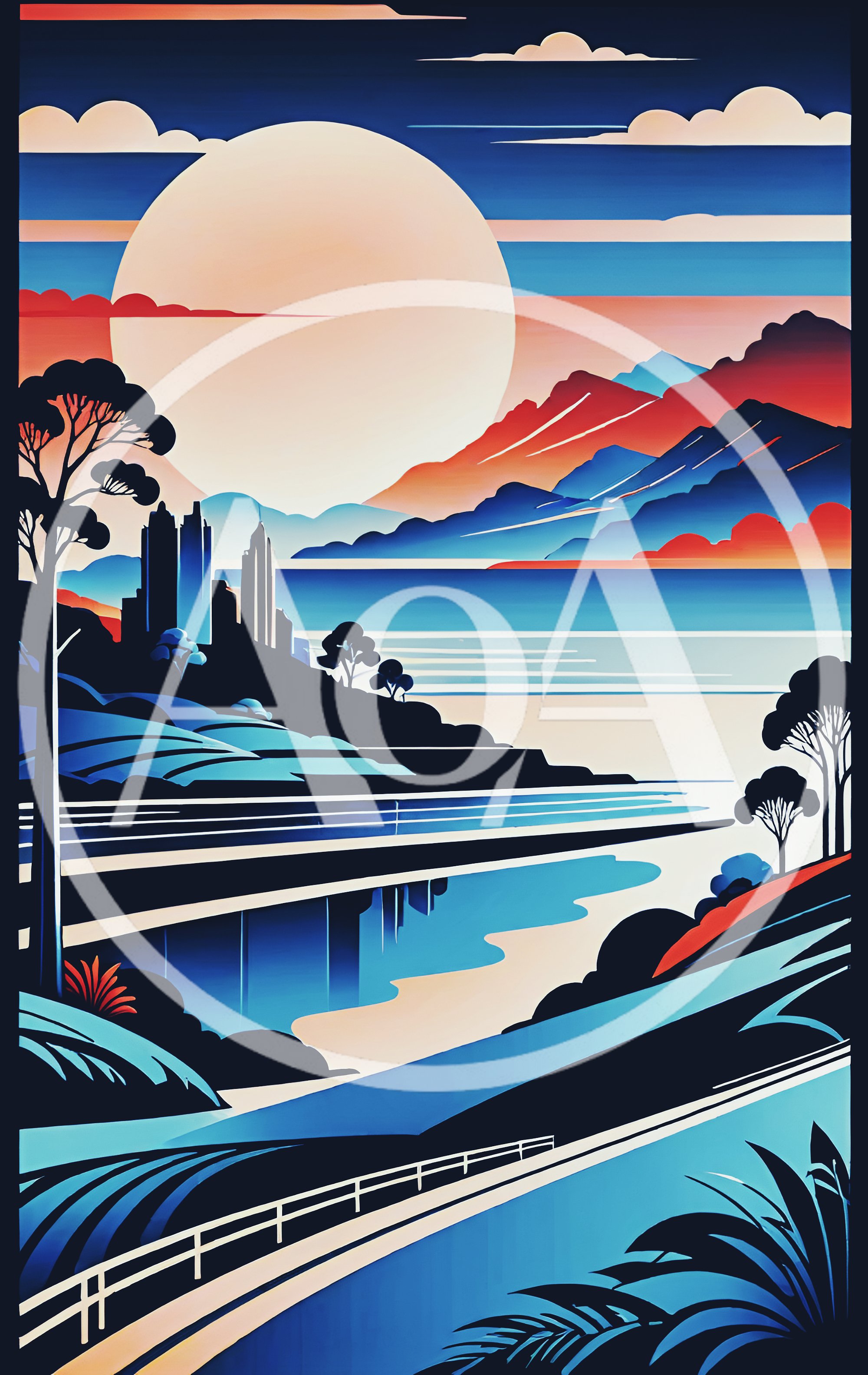 Stylized Digital Landscape Illustration With Mountains And Cityscape