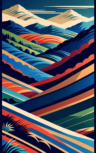 Abstract Stylized Mountain Landscape With Rolling Hills