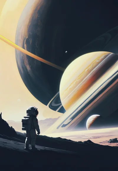 Astronaut Standing On Alien Planet Surface Looking At Saturn