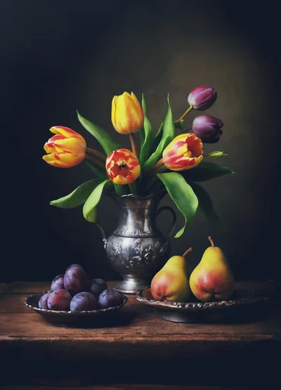 Still Life With Tulips Plums And Pears